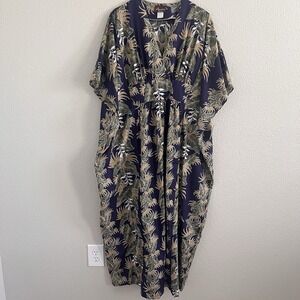 Vintage Tropical Eve Hawaii Muu Muu Kaftan Maxi Dress Purple Floral Cotton NWOT